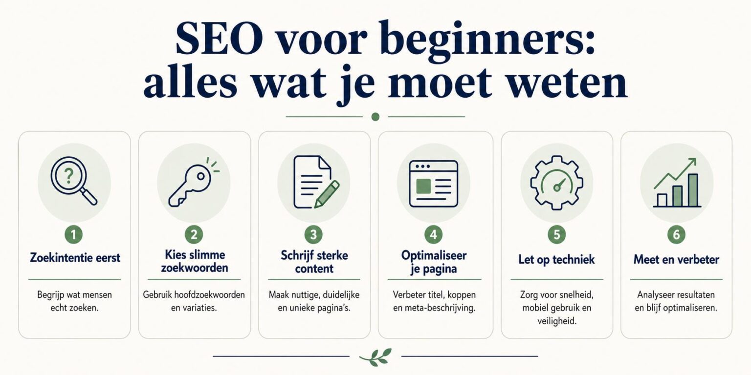 SEO voor beginners: schematisch overzicht van zoekmachineoptimalisatie met de drie pijlers content, techniek en autoriteit